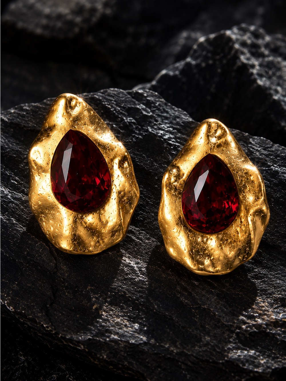 Vintage Gold Earrings with Deep Red Teardrop Gemstones
